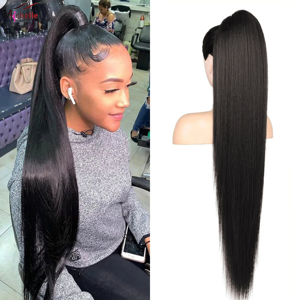 Queue de cheval droite en cheveux humains, extension 100 % cheveux humains vierges, à enrouler avec cordon de serrage, à clipser, noir naturel 1B pour femmes
