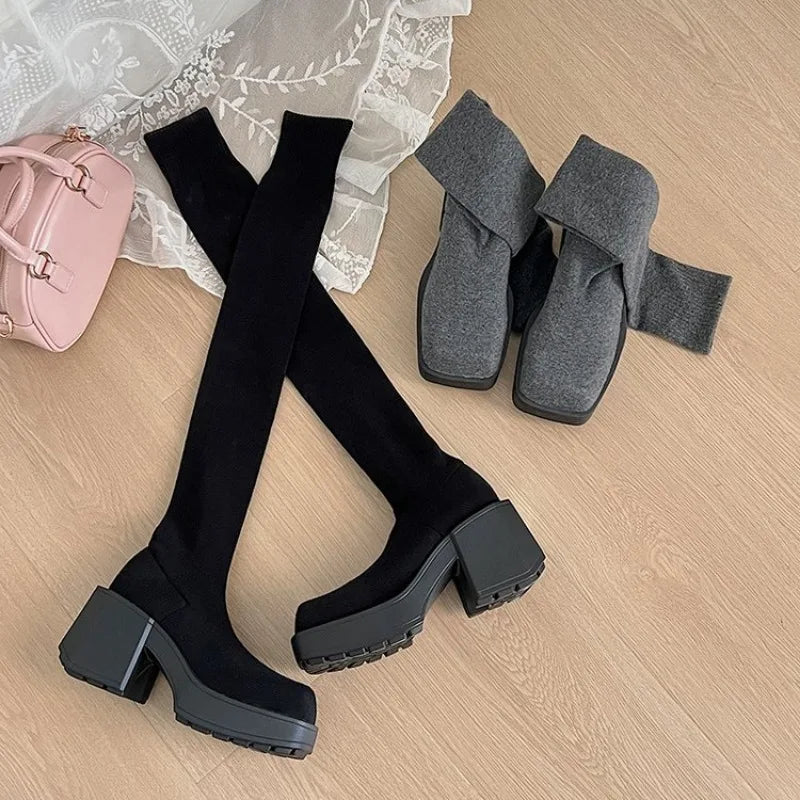 Bottes chaussettes au-dessus du genou pour femme, tailles 35 à 40. Modèle d’hiver en maille extensible, avec talons épais et plateforme. Bottes longues à enfiler, confortables et tendance pour femme.