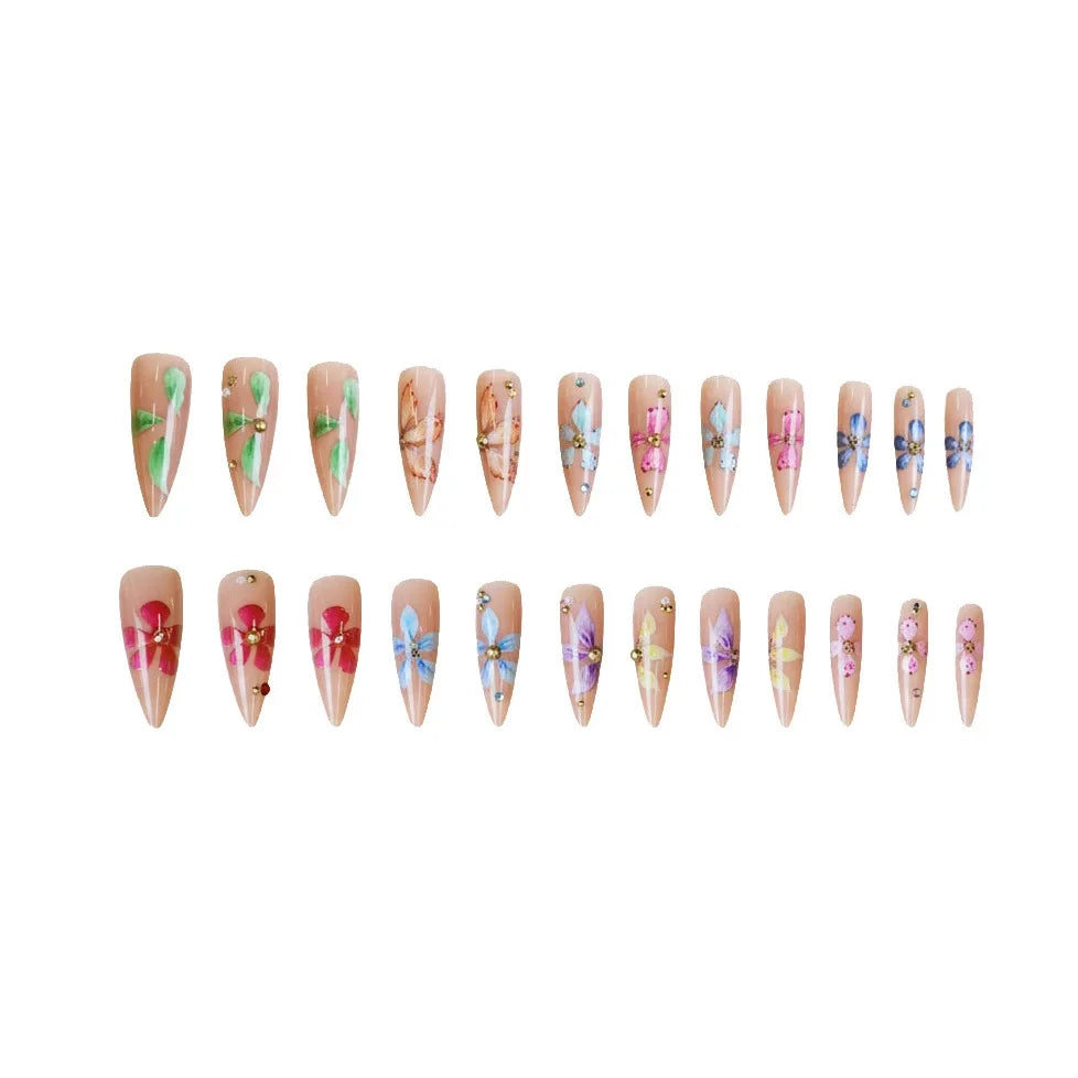 Faux ongles 3D pour femmes et filles, dégradé de fleurs en relief marron bleu avec strass, pointes d'amande d'automne et d'hiver à pression sur les faux ongles