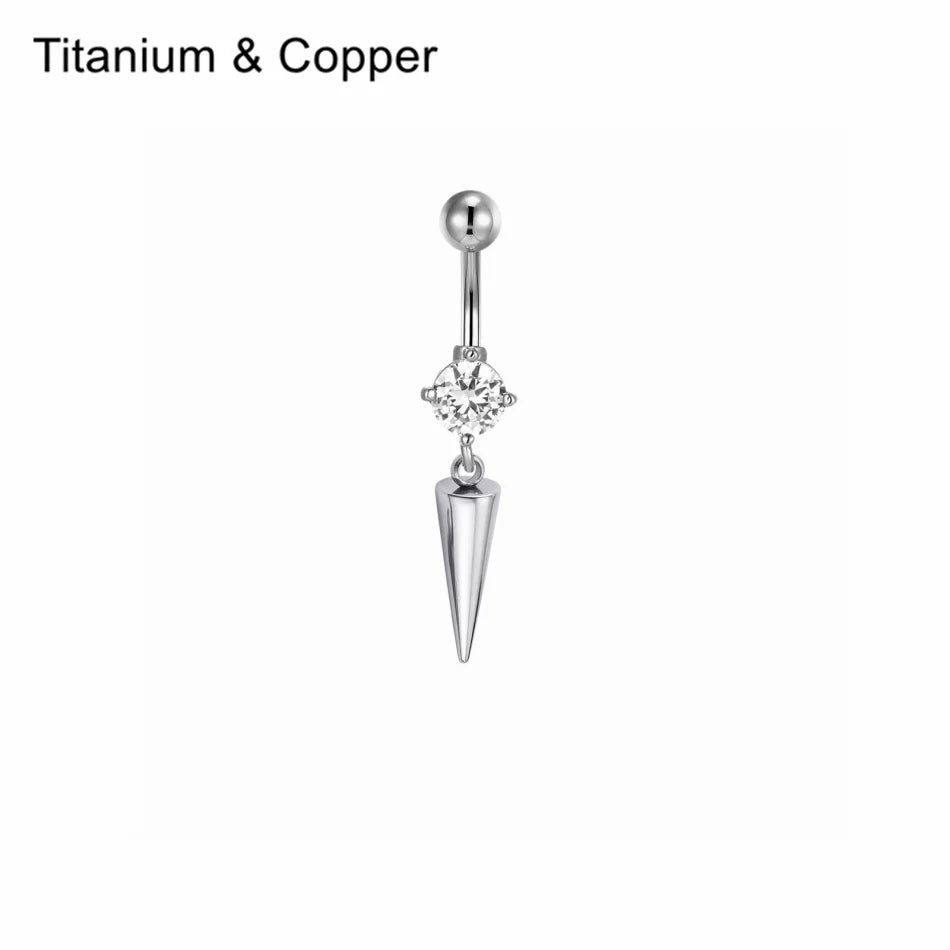Piercing de nombril 14G en titane – barre de barbell, acier inoxydable, pendentif à strass en forme de pointe cône, style minimaliste punk, bijou de corps pour homme et femme