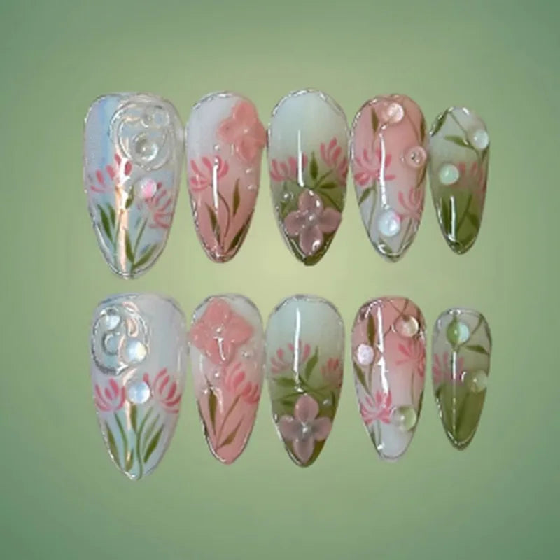 24 pièces mi-long doré amande ongles ensemble presse sur 3D fleur dégradé rose couverture complète faux ongles conseils perle réutilisable faux ongles