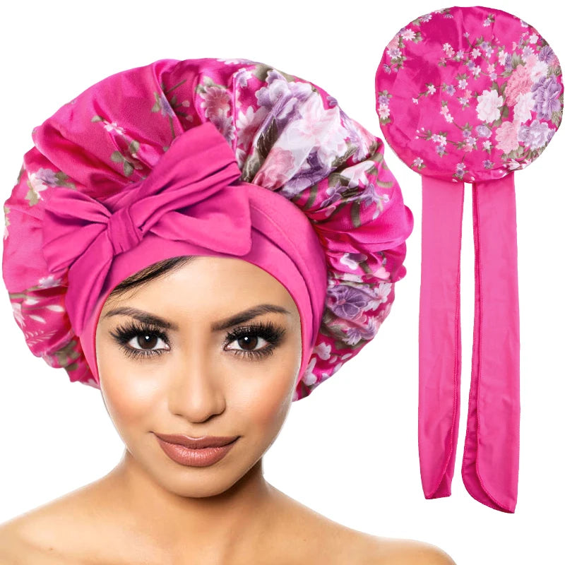 Nouveau Bonnet en Satin pour dormir, couverture de cheveux bouclés, Bonnet de nuit soyeux pour femmes, grand Bonnet de sommeil soyeux avec cravate