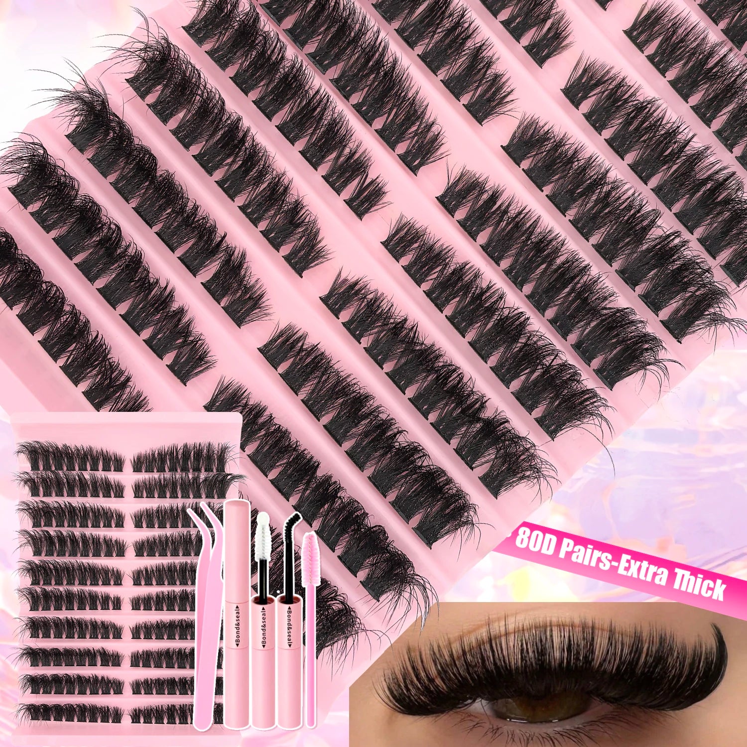 Kit d’extensions de cils DIY en bouquets – Faux cils individuels à poser soi-même, longueurs de 9 à 16 mm. Effet léger et naturel (wispy). Kit complet incluant colle (bond) et fixateur (seal) pour une meilleure tenue des cils