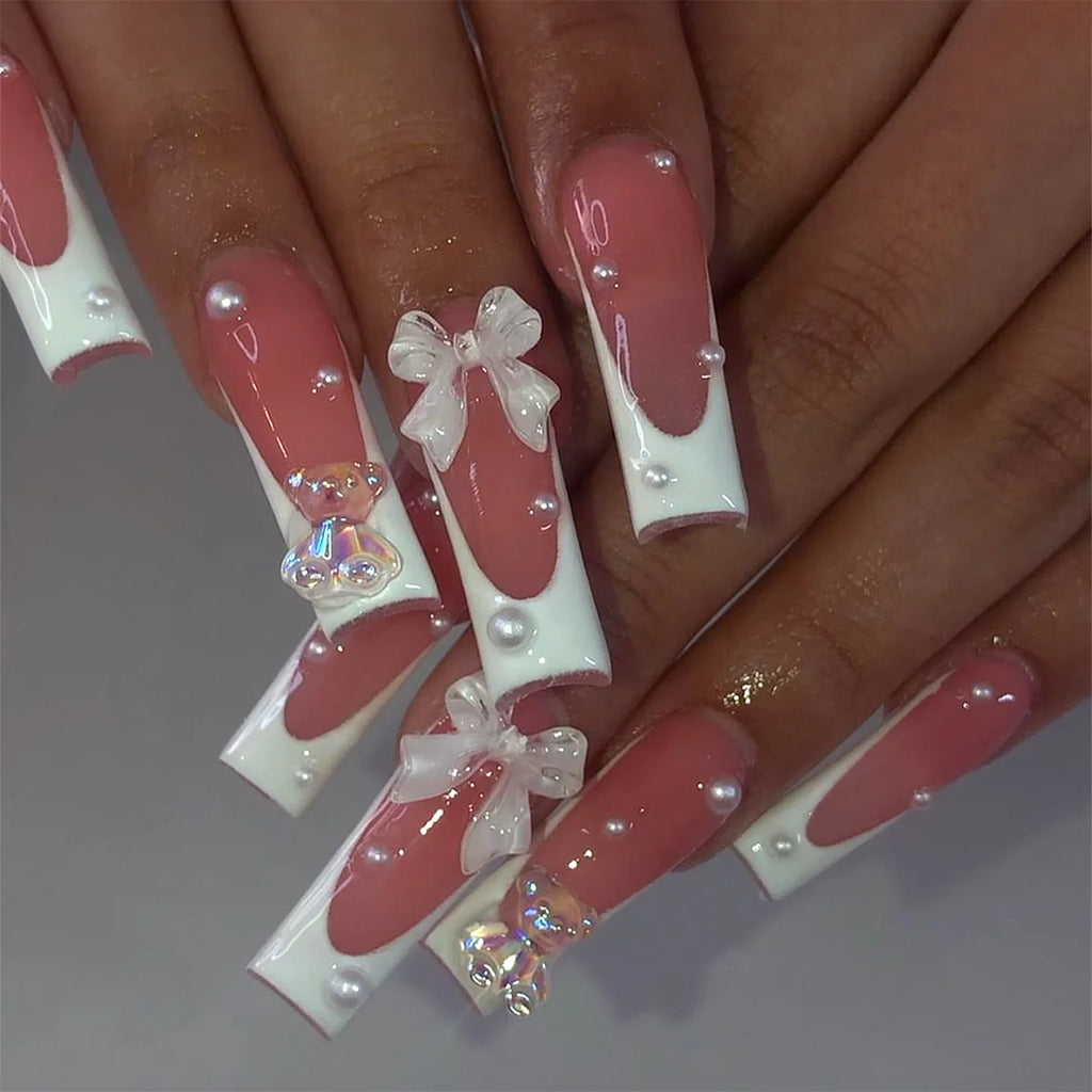 24 faux ongles longs carrés à presser, motif léopard, design cerise 3D, strass, couvrance totale, prêts à poser