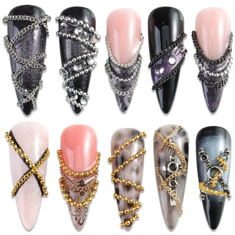 12 grilles de chaînes à ongles 3D en or, argent, gris foncé et rose, style gothique punk, breloques en métal pour nail art, chaînes en alliage, décorations pour manucure
