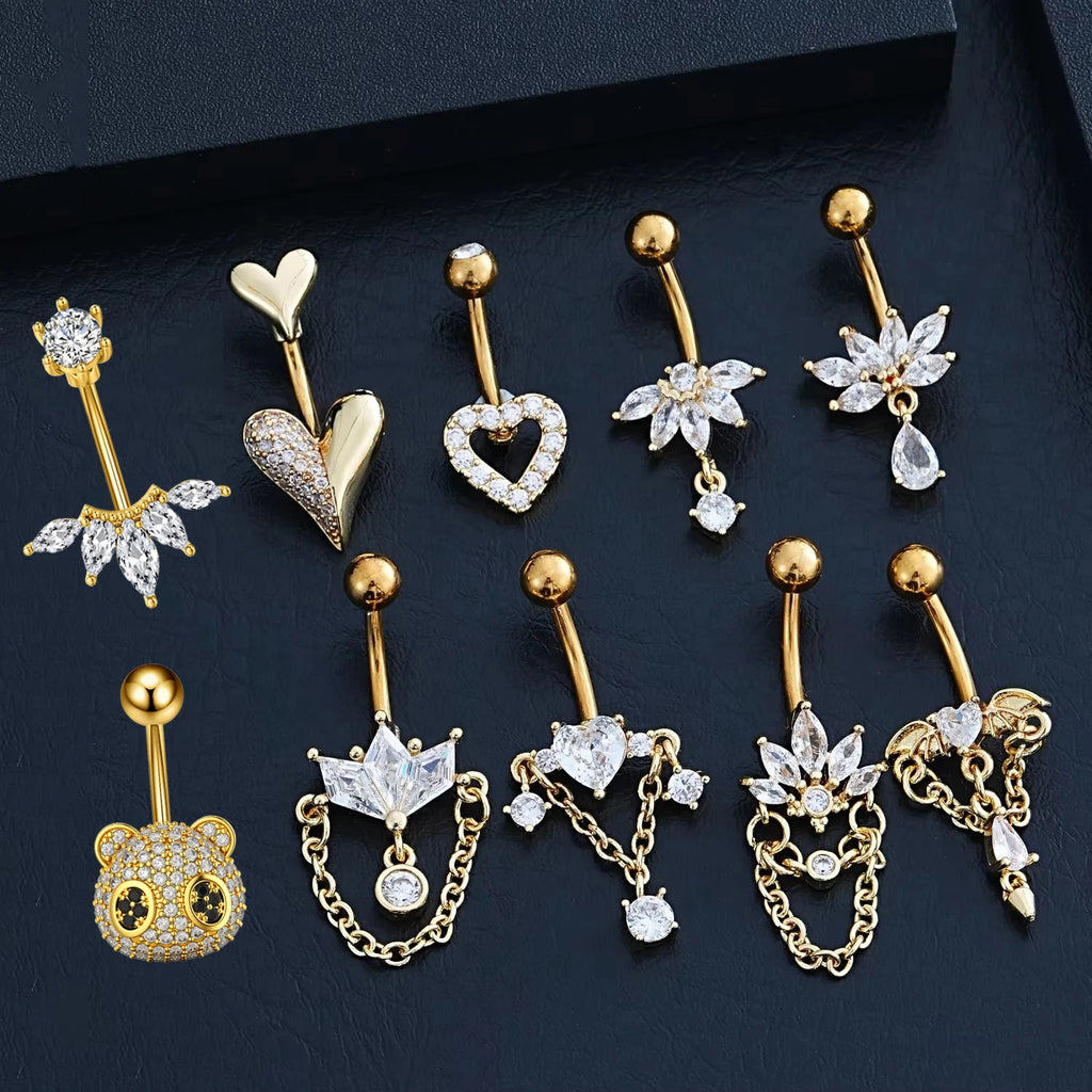 Anneaux de nombril incurvés 14G, cristaux CZ, corps Sexy, chaînes de nombril, fleur, Piercing de ventre, Umbigo, bijoux en acier inoxydable