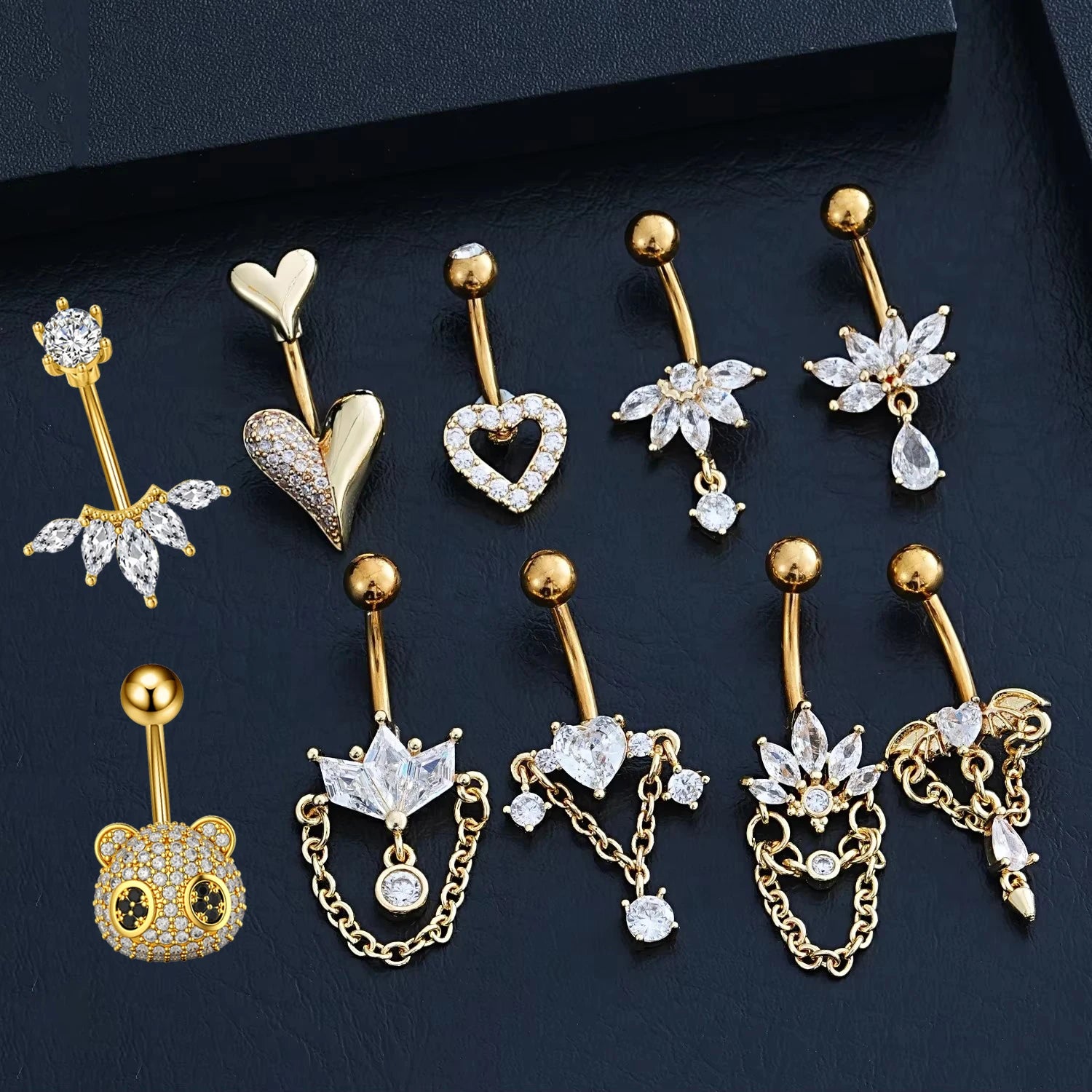Anneaux de nombril incurvés 14G, cristaux CZ, corps Sexy, chaînes de nombril, fleur, Piercing de ventre, Umbigo, bijoux en acier inoxydable