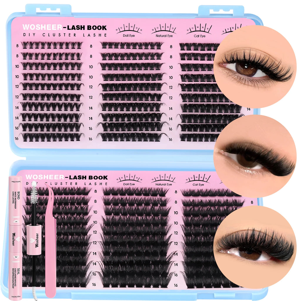 Kit de bouquets de faux cils – Extensions de cils individuelles en bouquets, effet volumineux et léger, plateau de tailles mixtes, avec colle et fixateur pour cils (Lash Bond & Seal) ainsi qu’une pince applicatrice incluse.