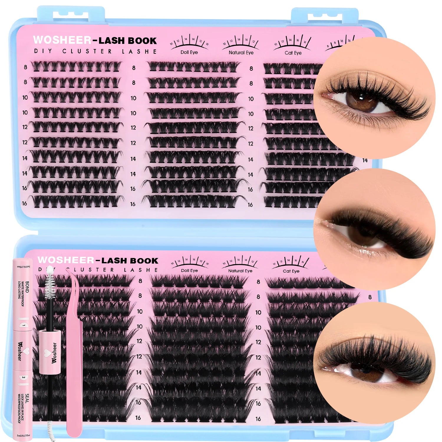 Kit de bouquets de faux cils – Extensions de cils individuelles en bouquets, effet volumineux et léger, plateau de tailles mixtes, avec colle et fixateur pour cils (Lash Bond & Seal) ainsi qu’une pince applicatrice incluse.