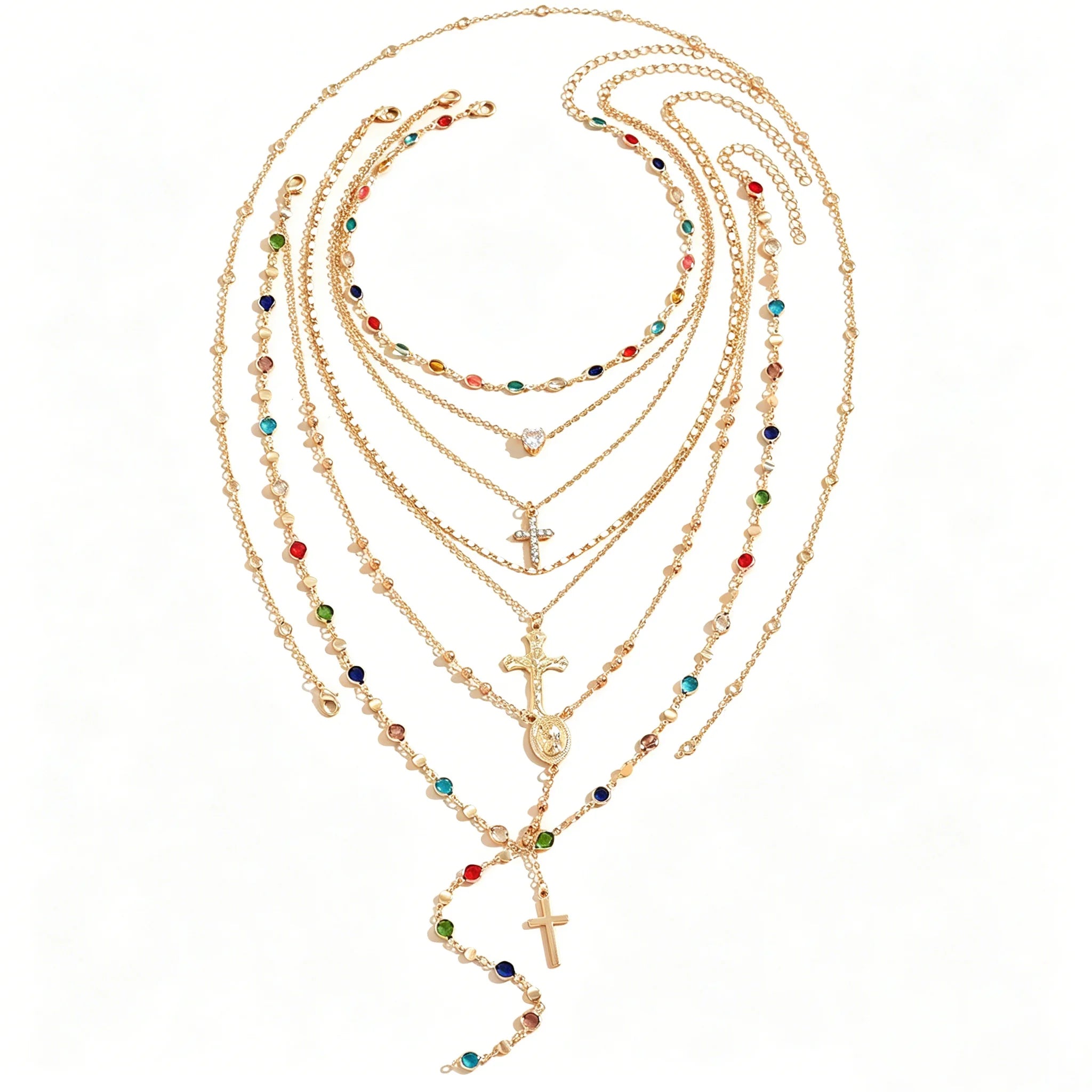 Ensemble de 5 colliers pendentifs croix superposés dorés avec strass colorés, style Y2K, réglables, bijoux de mode estivaux pour femmes