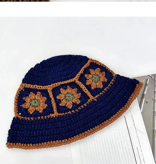 Chapeau seau coréen fait à la main au Crochet pour femmes, tissage tricoté, mode fleurs Y2k, bonnet de bassin, nouvelle collection automne hiver