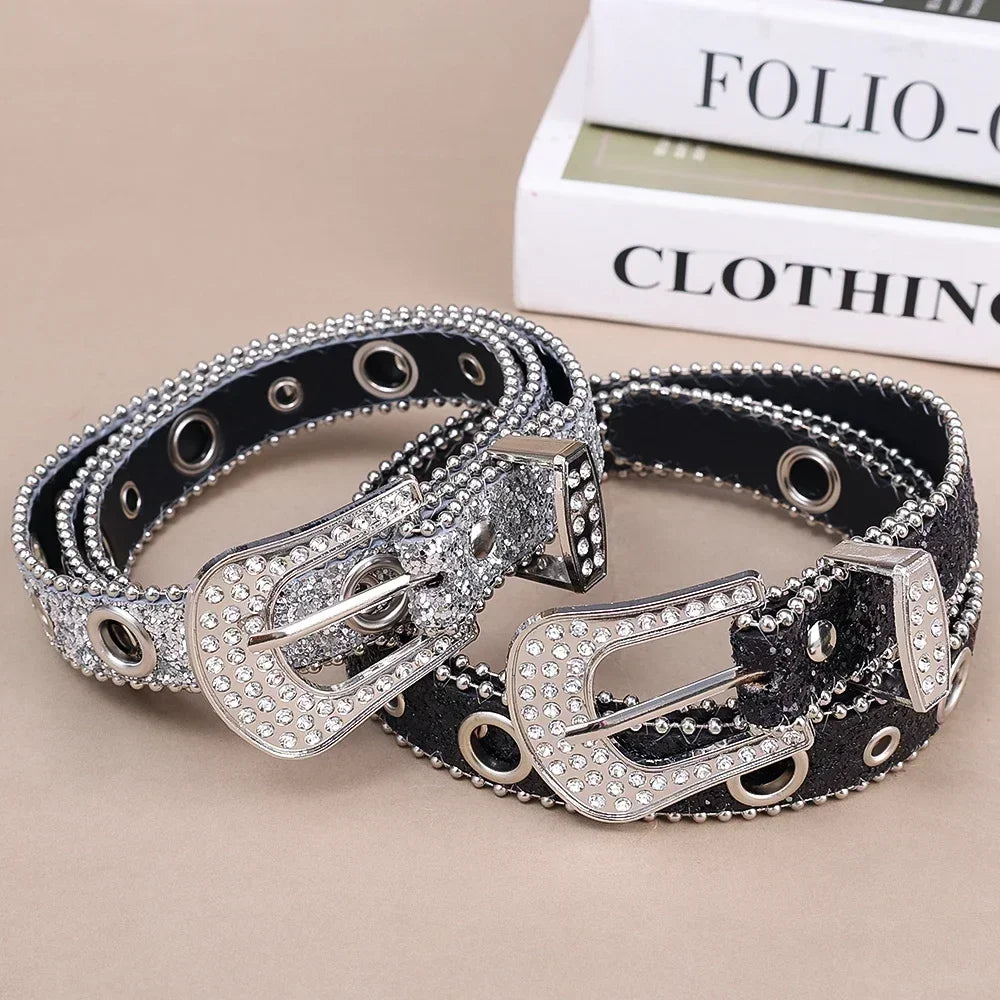 Ceinture femme mode Y2K – imprimé uni, cloutée, entièrement ornée de strass, en cuir PU, brillante style cristal, réglable, ceinture scintillante pour club et soirée