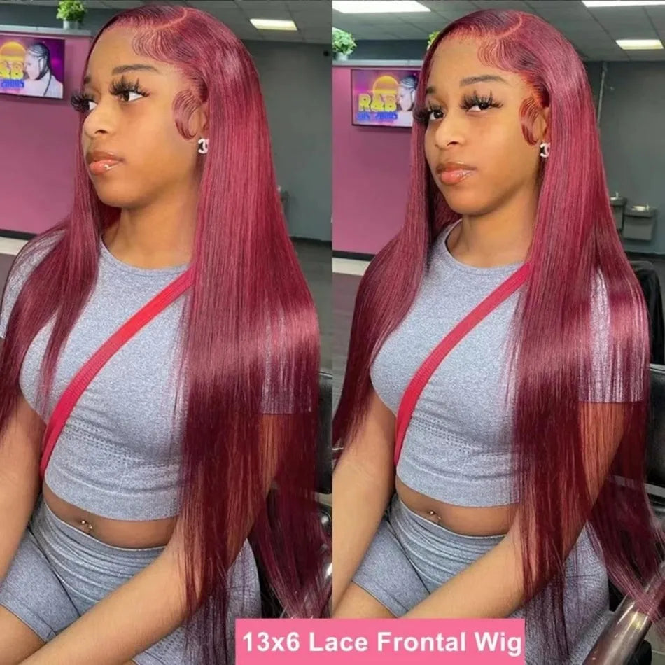 Perruque en cheveux humains raides 99J bordeaux, lace front HD 13x6, wig rouge colorée, pré-épilée, cheveux brésiliens, lace transparente frontale.