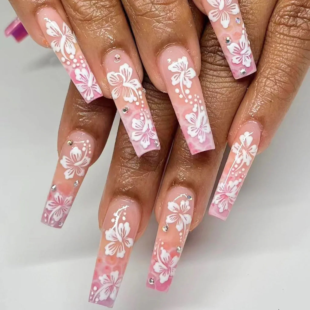24 faux ongles longs carrés à presser, motif léopard, design cerise 3D, strass, couvrance totale, prêts à poser