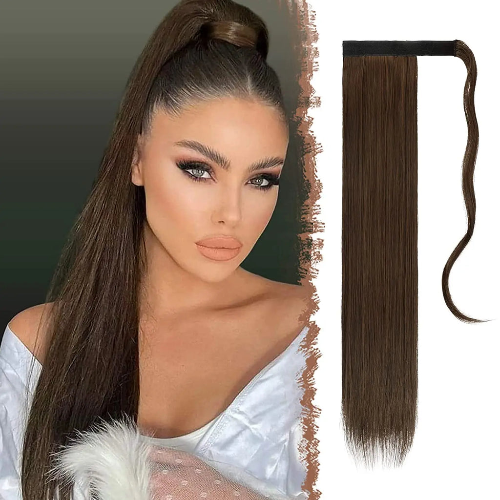 Queue de cheval synthétique longue et droite de 22 pouces, extension de cheveux à enrouler avec clip, résistante à la chaleur, postiche blond