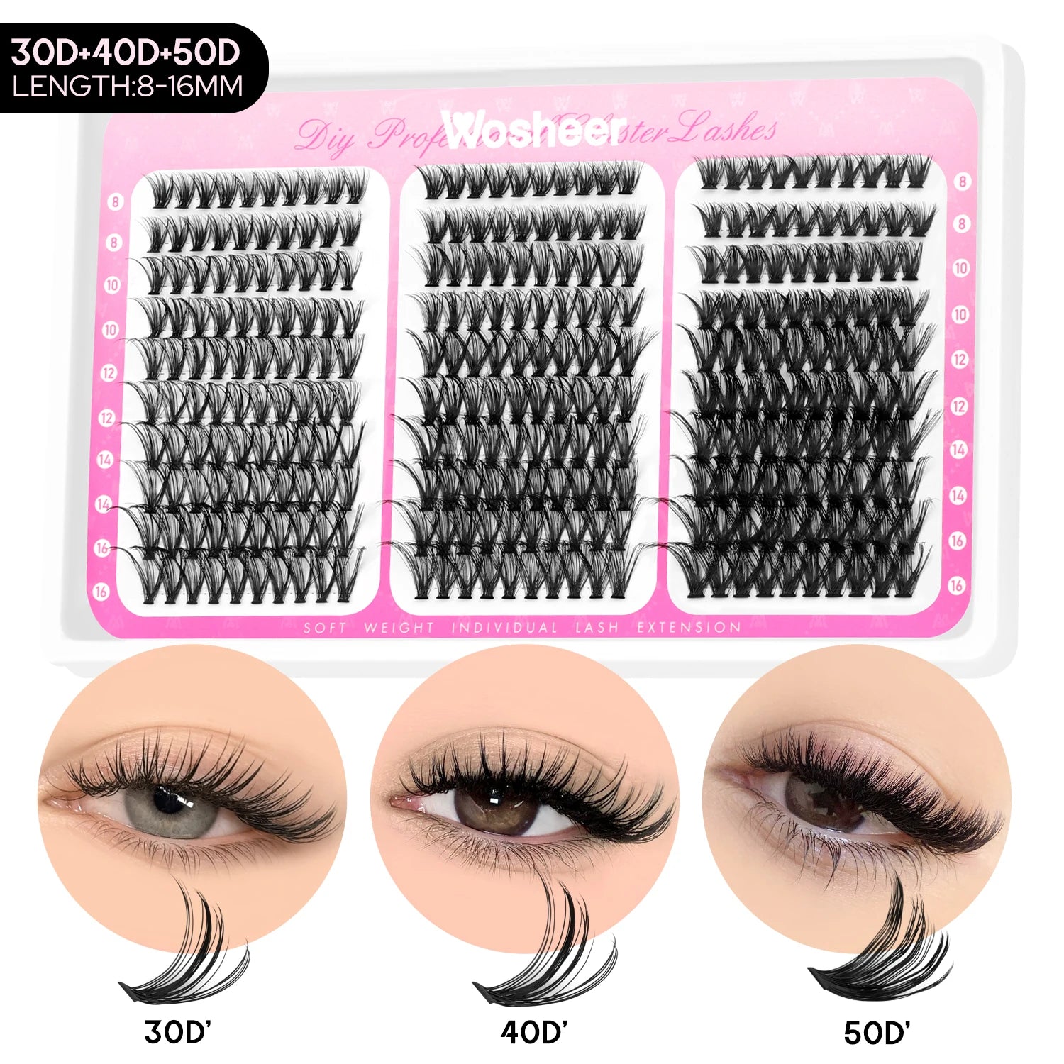 Kit de bouquets de faux cils – Extensions de cils individuelles en bouquets, effet volumineux et léger, plateau de tailles mixtes, avec colle et fixateur pour cils (Lash Bond & Seal) ainsi qu’une pince applicatrice incluse.