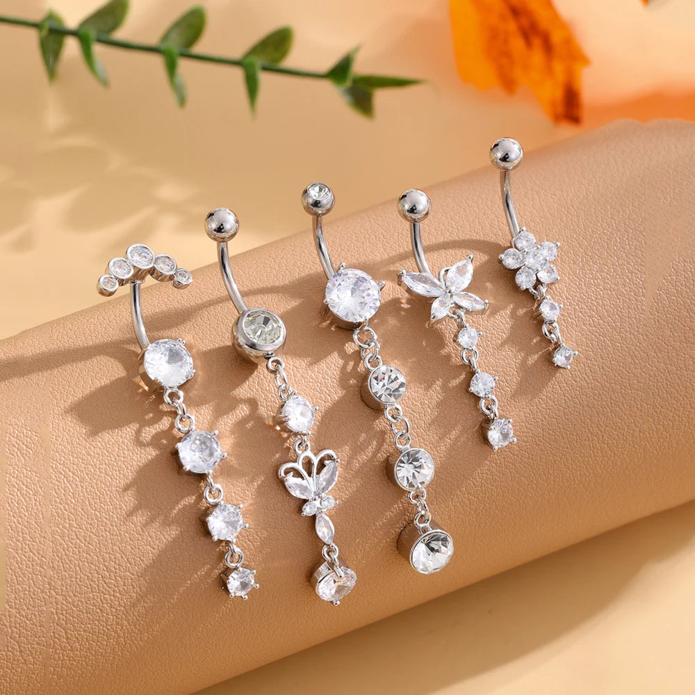 3-5 pièces ensembles de styles mixtes coeur fleur balancent nombril anneaux en acier inoxydable papillon incurvé Zircon ventre Piercing nombril anneau
