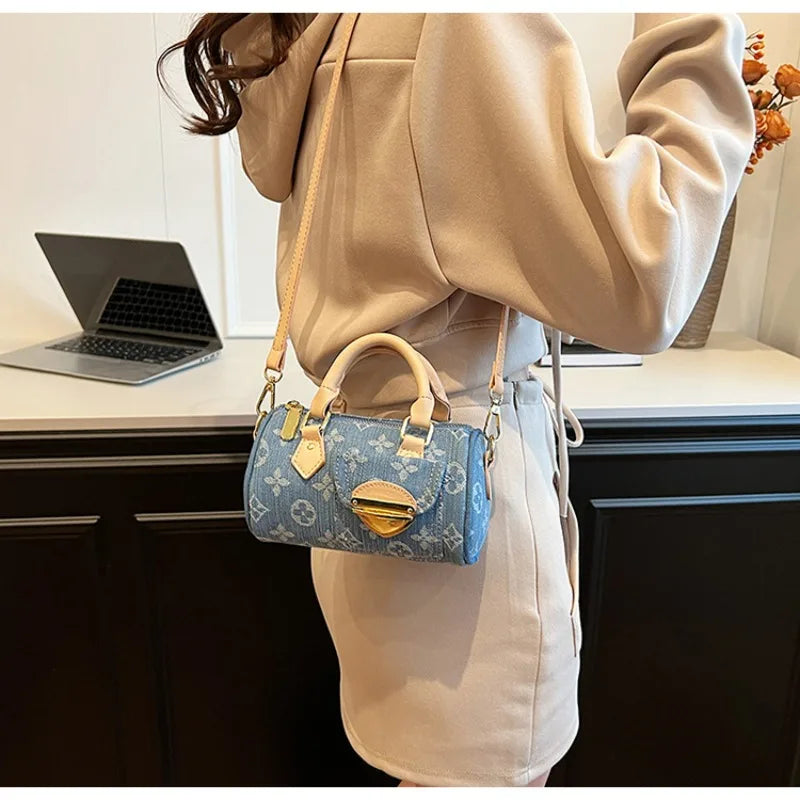 Sacs en jean tendance pour femmes, sacs bandoulière élégants et polyvalents, sacs à main cylindriques ronds à la mode