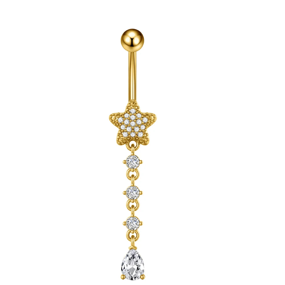 Anneaux de nombril série couleur or, carillon éolien, fleur pendante, cœur, anneau de ventre en acier inoxydable, bijoux de perçage de nombril, 1 pièce