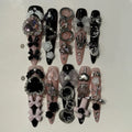 10 faux ongles longs stiletto roses avec nœud papillon, à presser, camélia blanc, détachables, avec strass scintillants pour nail art