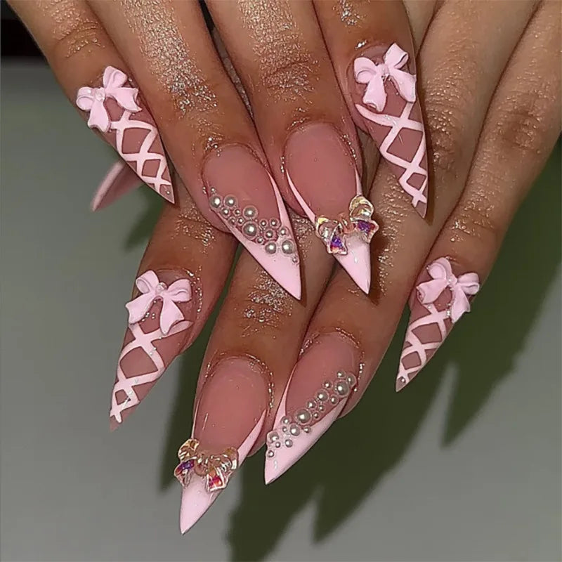 24 pièces arc faux ongles blanc français Long Stiletto faux ongles pointe fleur perle conception amande presse sur ongles acrylique couverture complète ongles