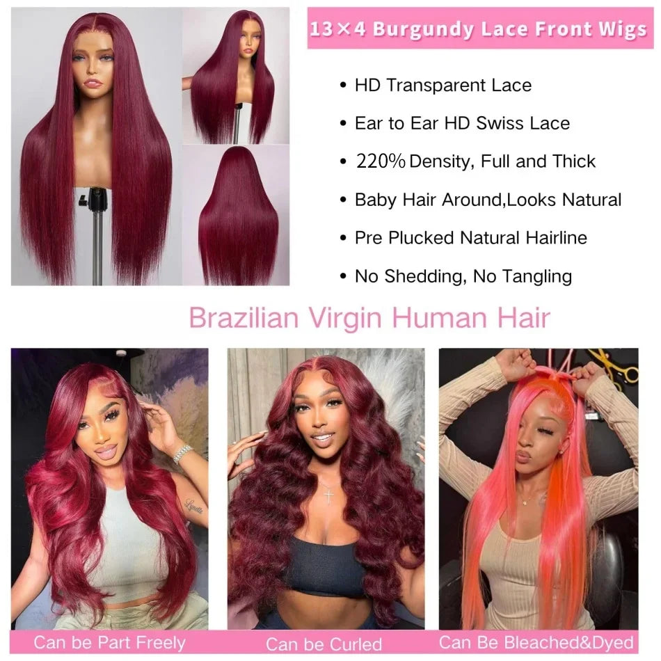 Perruque en cheveux humains raides 99J bordeaux, lace front HD 13x6, wig rouge colorée, pré-épilée, cheveux brésiliens, lace transparente frontale.