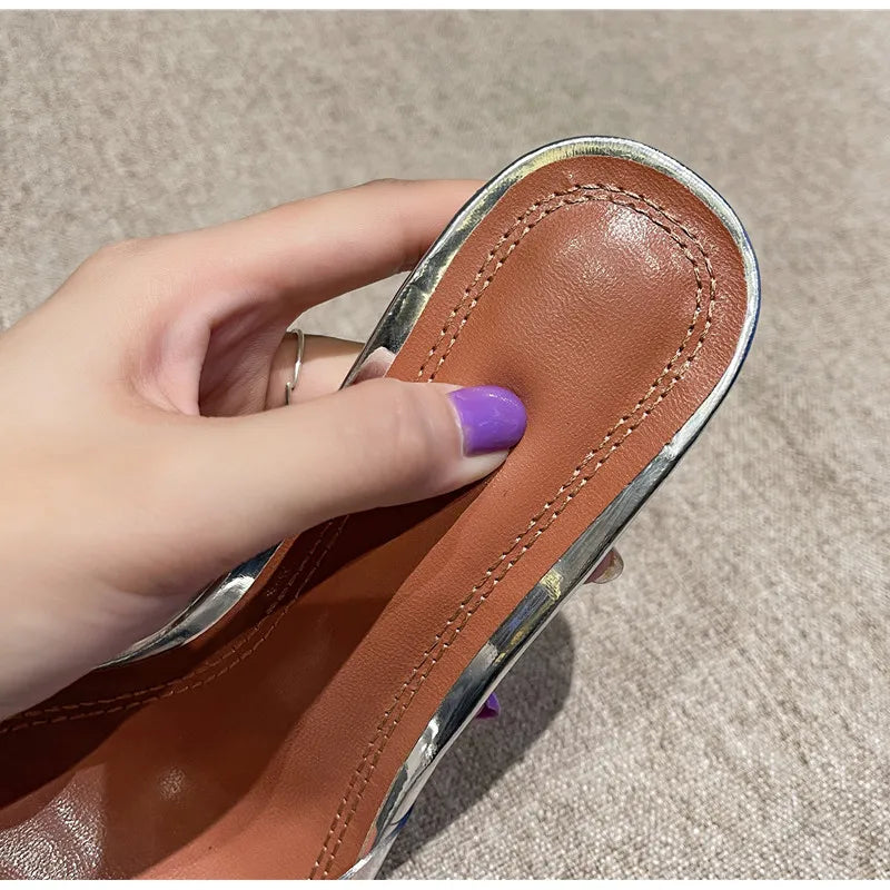 Grande taille 35-45, mules transparentes en PVC avec strass et nœud, élégantes sandales à talons hauts pour femmes, chaussures d’été tendance, sandales et mules à enfiler.