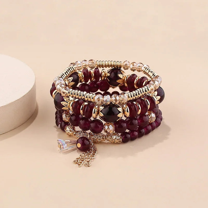 Ensemble de 4 bracelets empilables bohèmes , avec perles en verre, bracelets extensibles à plusieurs rangs avec breloques, bijoux de mode pour femmes.