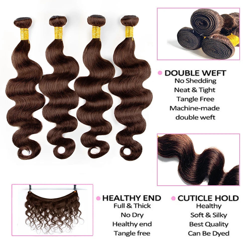 # 4 Bundles de Cheveux Humains Ondulés Brun Foncé 1/3 Pièces, Extensions de Cheveux Remy Brésiliens à Double Trame de 18 à 30 Pouces pour Femmes