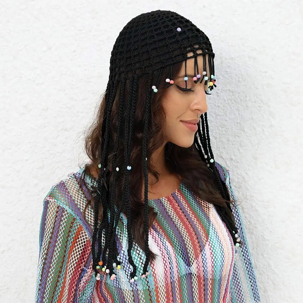 Chapeau tricoté ajouré respirant, béret Y2k fait à la main avec perles et pompons, chapeaux décontractés au Crochet pour femmes