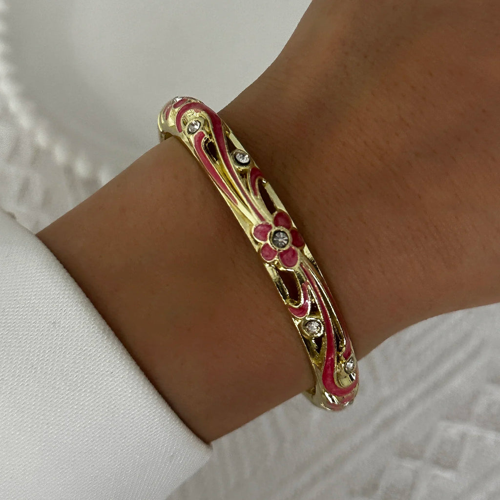 Bracelet élégant en émail goutte d'eau à texture florale pour femme, plaqué or rétro, avec zircon floral et motif œil porte-bonheur, bijou de fête