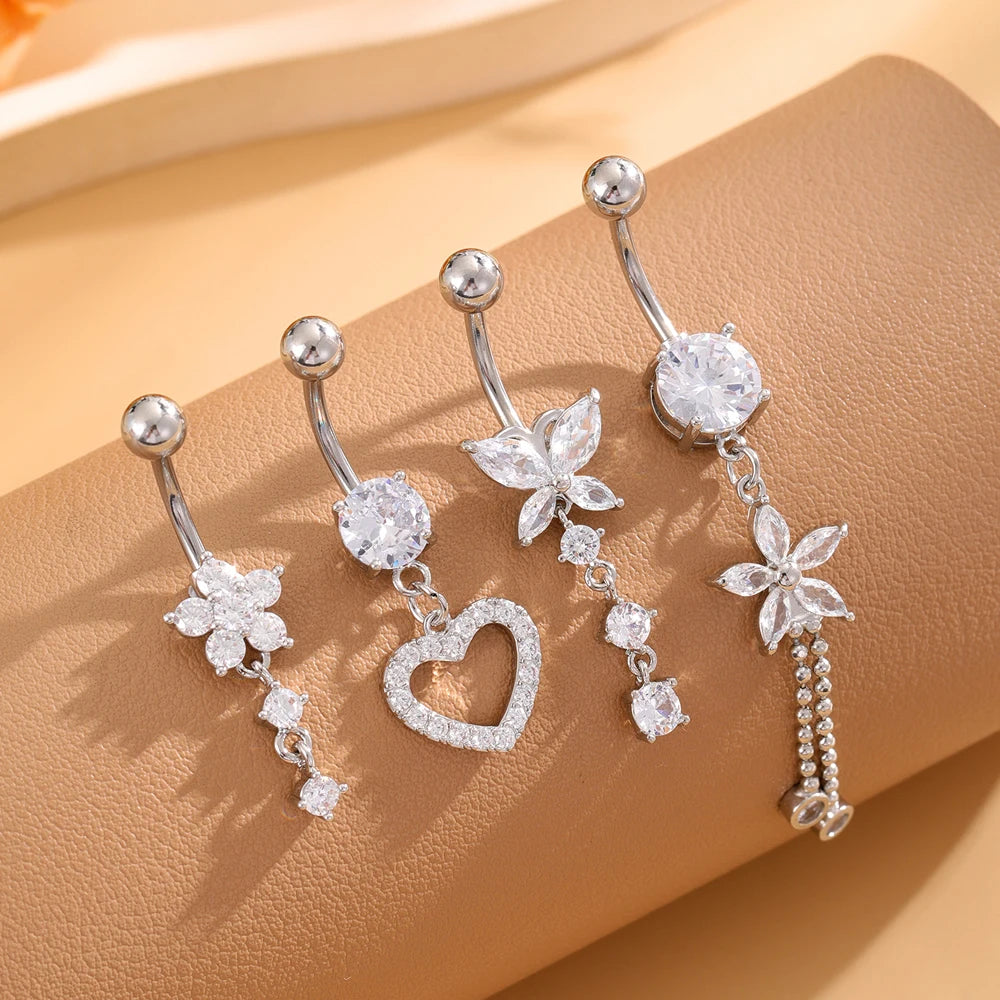 3-5 pièces ensembles de styles mixtes coeur fleur balancent nombril anneaux en acier inoxydable papillon incurvé Zircon ventre Piercing nombril anneau