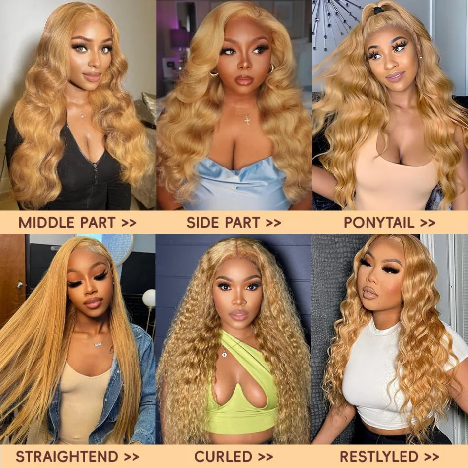 Perruques brésiliennes en cheveux humains ondulés, blond miel 27, avec dentelle frontale HD 13x6 et 13x4, densité 250, colorées et pré-épilées