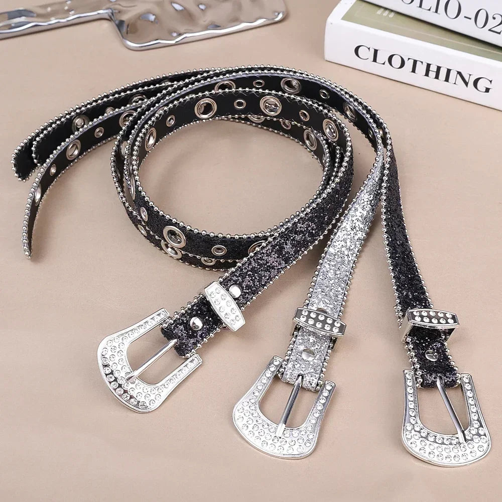 Ceinture femme mode Y2K – imprimé uni, cloutée, entièrement ornée de strass, en cuir PU, brillante style cristal, réglable, ceinture scintillante pour club et soirée