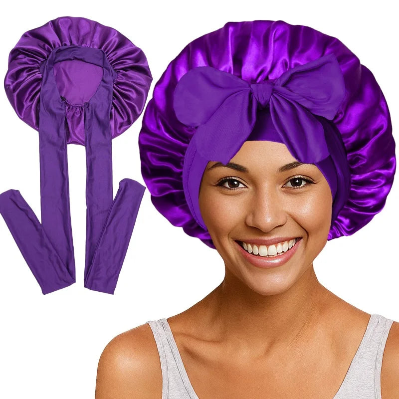 Nouveau bonnet de nuit en satin uni avec bande élastique extensible à nouer pour femmes, bonnet de douche ajustable, bonnet/turban pour couvrir les cheveux.