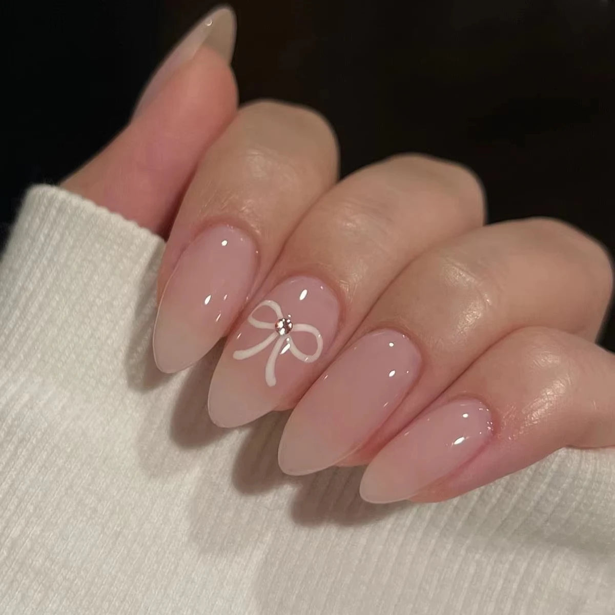 24 pièces doux oeil de chat français presse sur ongles diamant pointu tridimensionnel nœud papillon portable ongles pour femmes et fille amande ongles