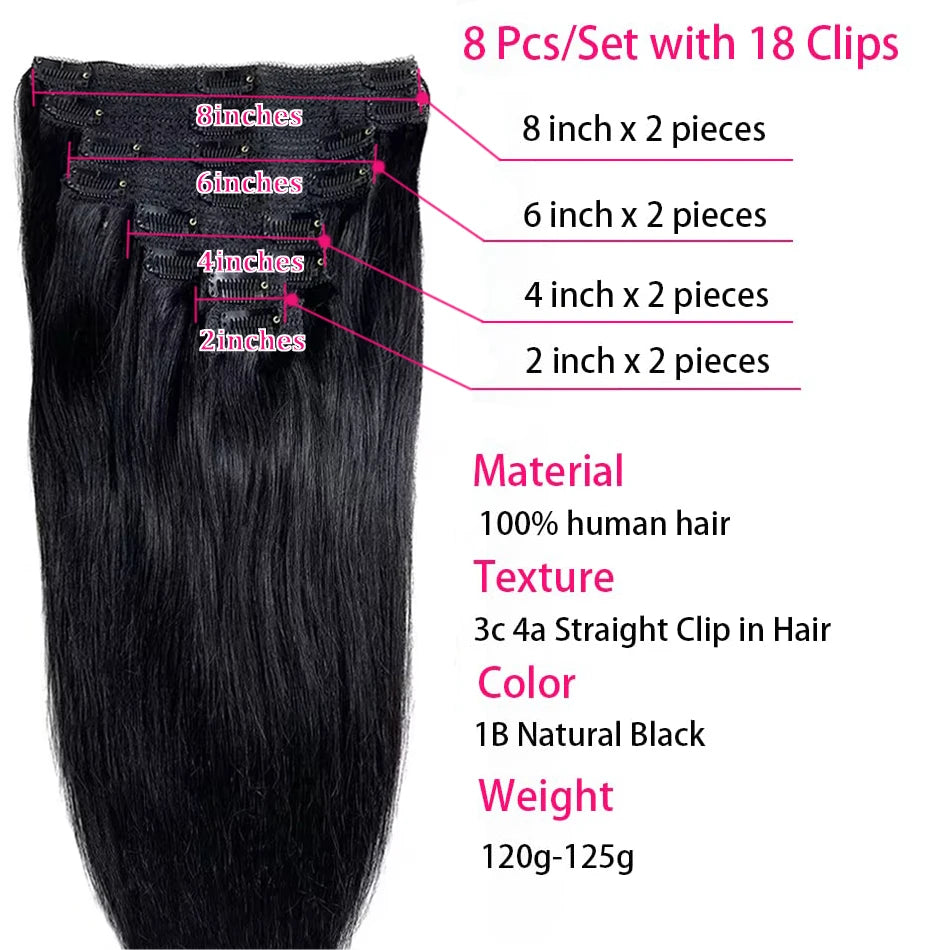 120G 8 pièces/ensembles pince dans les Extensions de cheveux cheveux humains 10 à 26 pouces brésilien Remy cheveux raides naturel noir 4 613 couleur pour les femmes