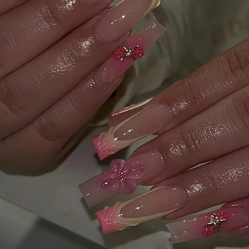 24 faux ongles longs carrés à presser, motif léopard, design cerise 3D, strass, couvrance totale, prêts à poser