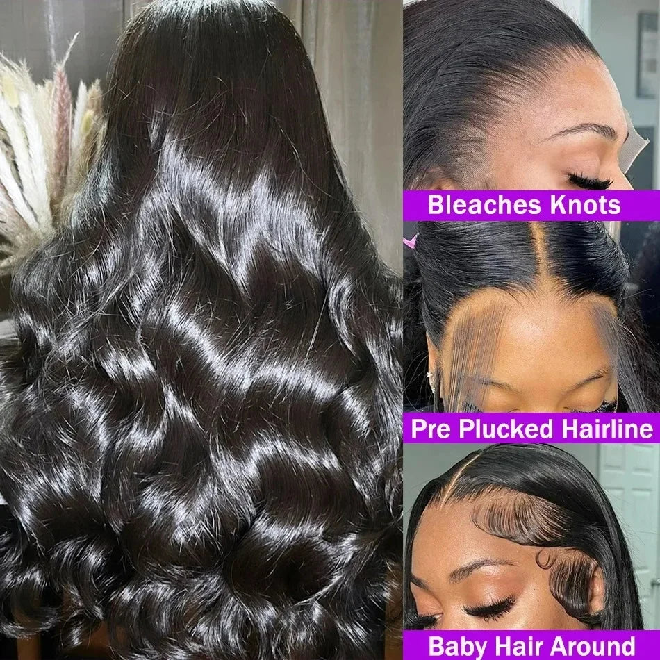 Perruque en cheveux humains Body Wave avec lace frontale HD transparente 13x6, disponible en 30 à 40 pouces. Perruque lace frontale HD 360° ou 13x4, pré-épilée avec une ligne de cheveux naturelle.