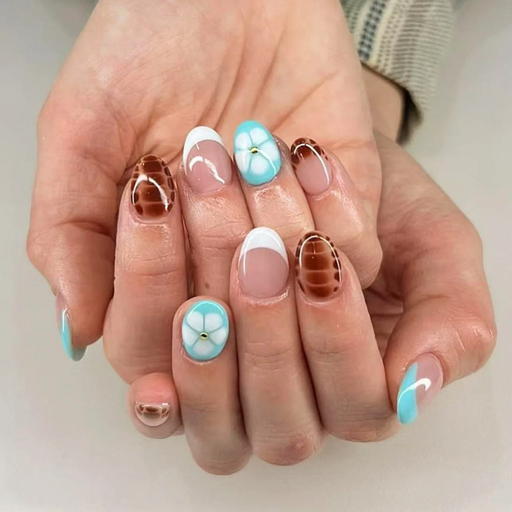 24 pièces de faux ongles à fleurs, style tendance, avec effet dégradé jaune et rose. Ongles portables à couverture complète, forme amande , à poser directement (Press-On Nails).