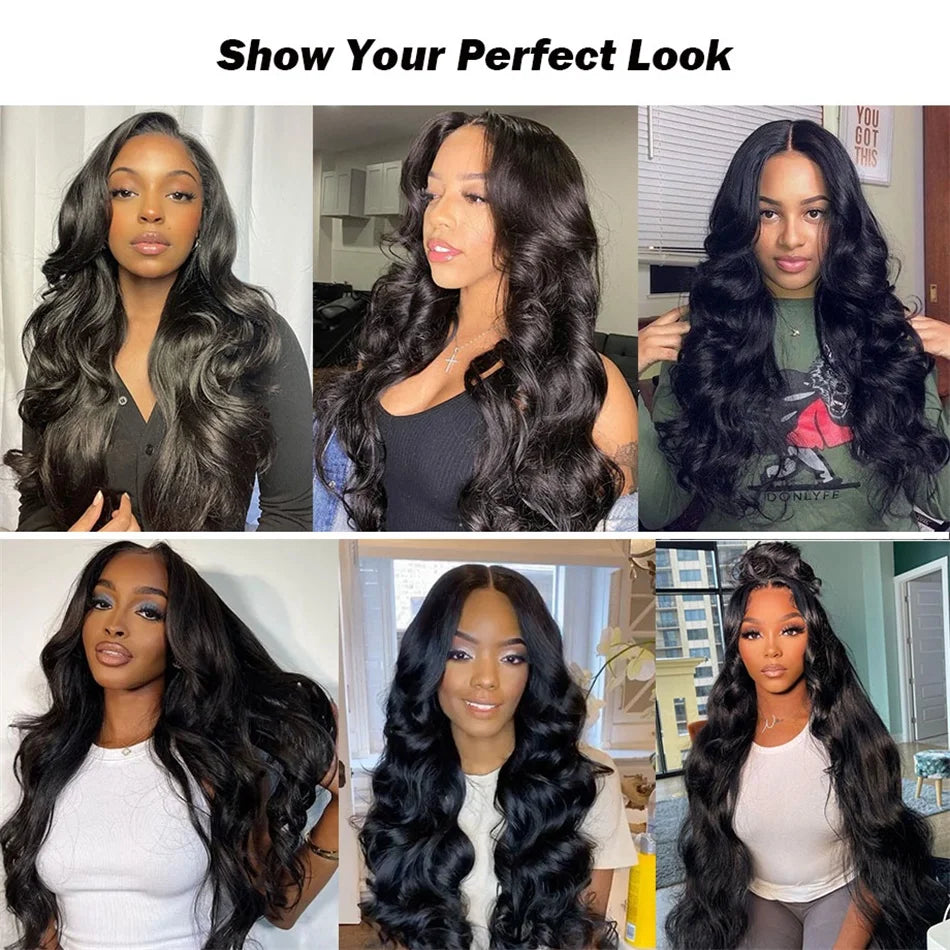 Perruque en cheveux humains Body Wave avec lace frontale HD transparente 13x6, disponible en 30 à 40 pouces. Perruque lace frontale HD 360° ou 13x4, pré-épilée avec une ligne de cheveux naturelle.