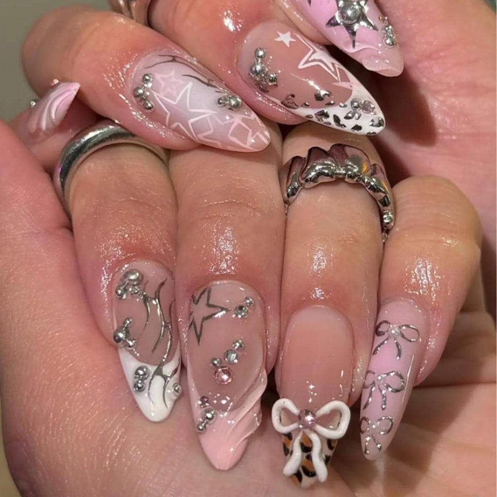 24 pièces mi-long doré amande ongles ensemble presse sur 3D fleur dégradé rose couverture complète faux ongles conseils perle réutilisable faux ongles