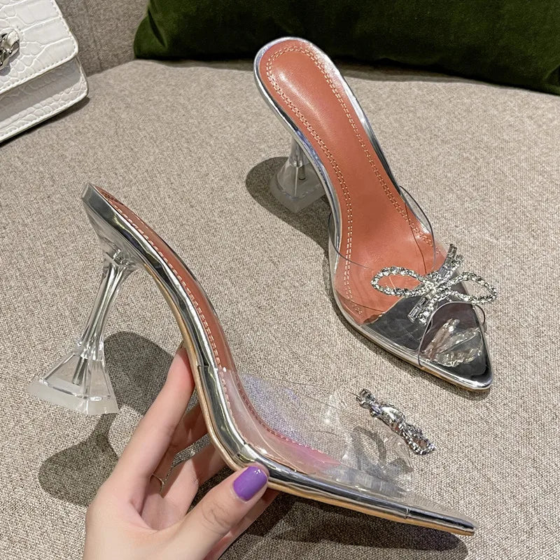 Grande taille 35-45, mules transparentes en PVC avec strass et nœud, élégantes sandales à talons hauts pour femmes, chaussures d’été tendance, sandales et mules à enfiler.