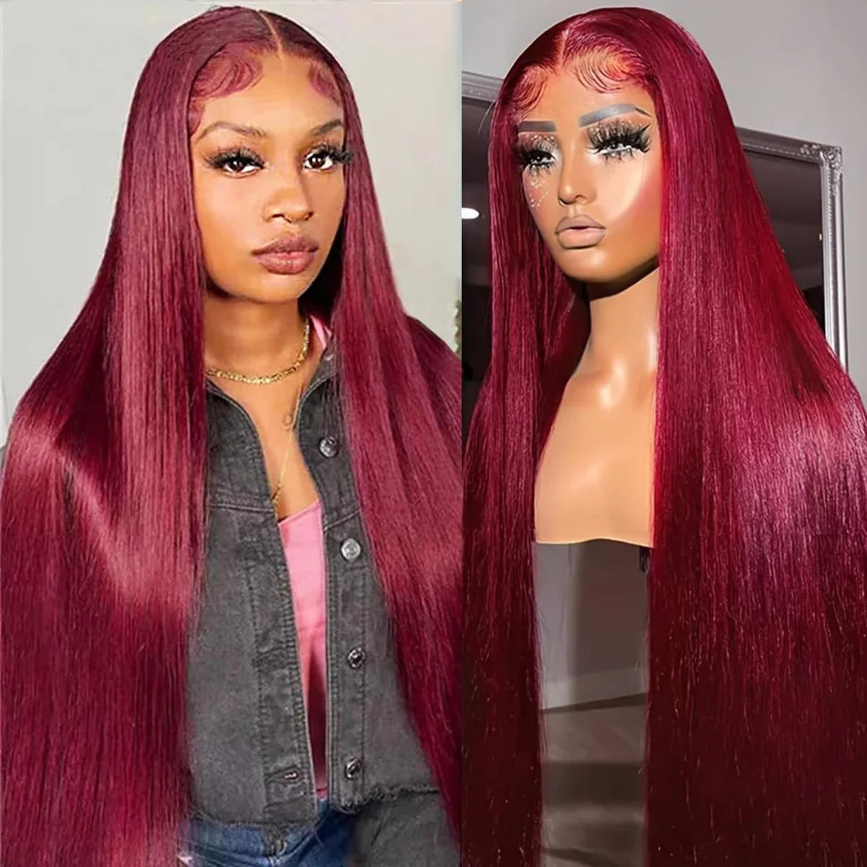 Perruque en cheveux humains raides 99J bordeaux, lace front HD 13x6, wig rouge colorée, pré-épilée, cheveux brésiliens, lace transparente frontale.