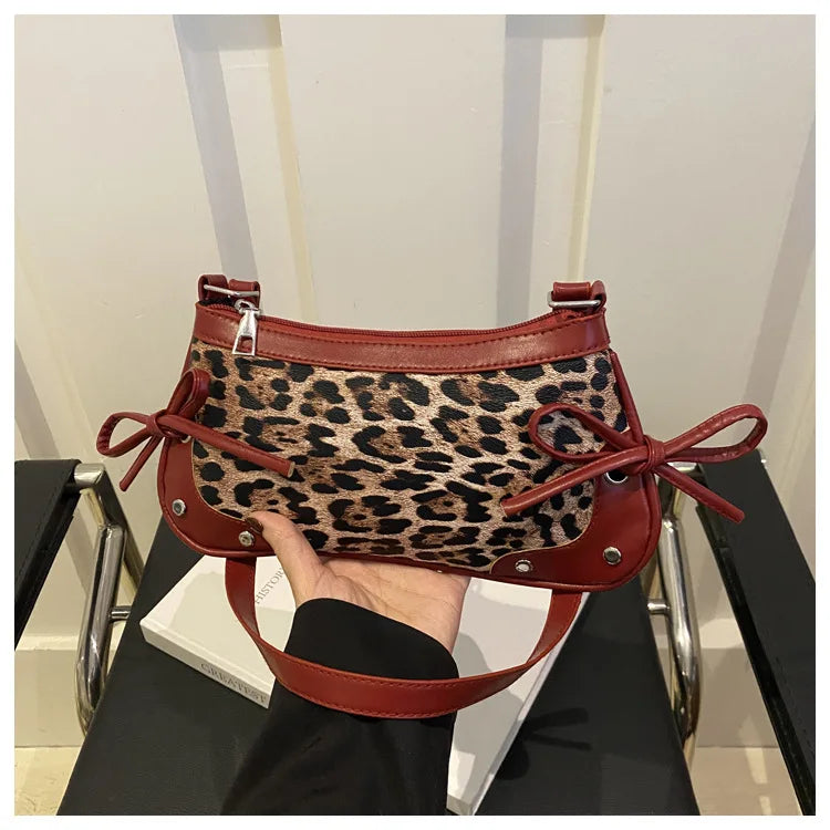 Nouveau sac sous le bras tendance, sac à bandoulière pour femmes, sac à main avec double nœud doux, sac pour dames, style rétro, sac à épaule féminin à motif léopard.
