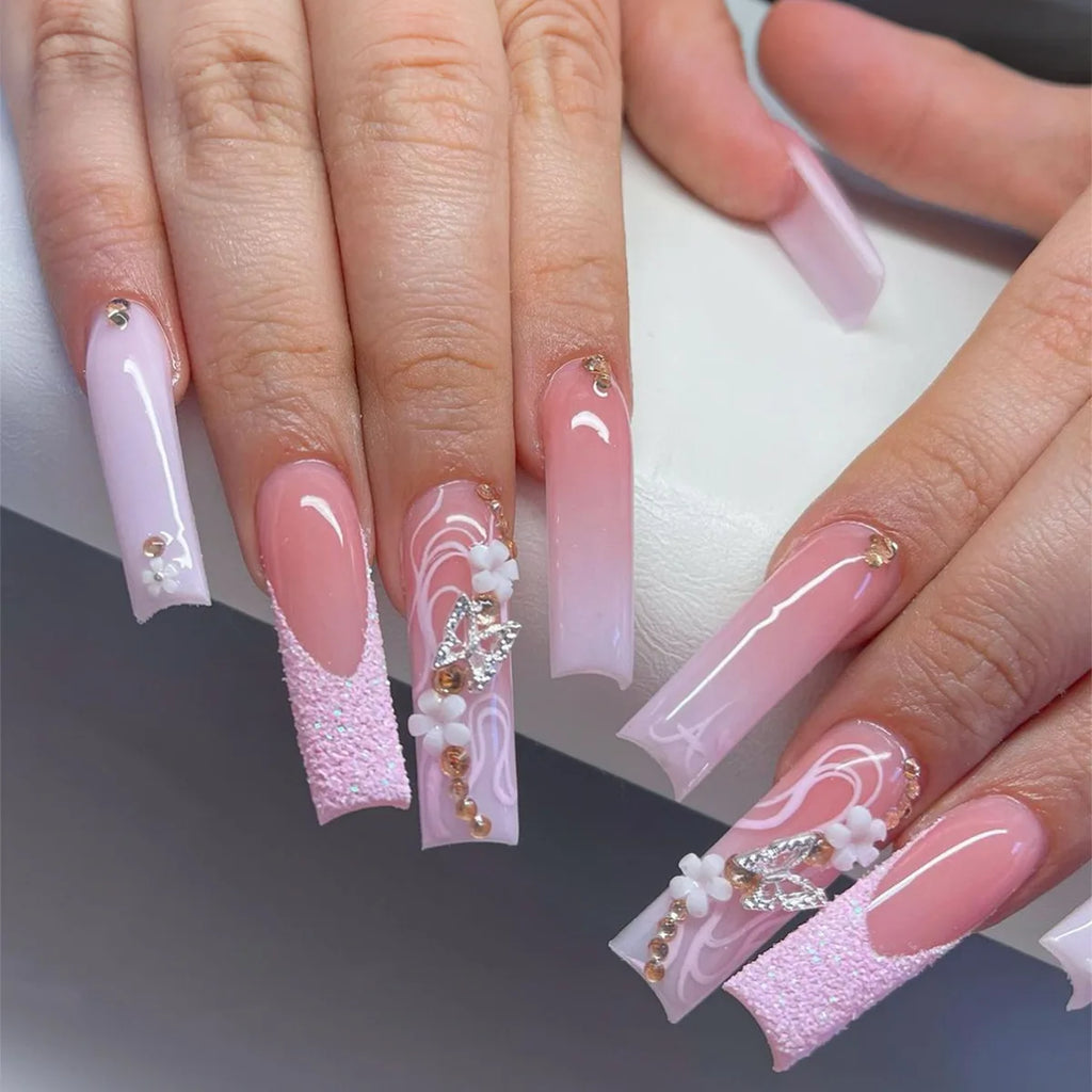 24 pièces – faux ongles longs carrés style français, design cœur 3D, ongles press-on avec strass, motif décoratif, faux ongles portables pour nail art