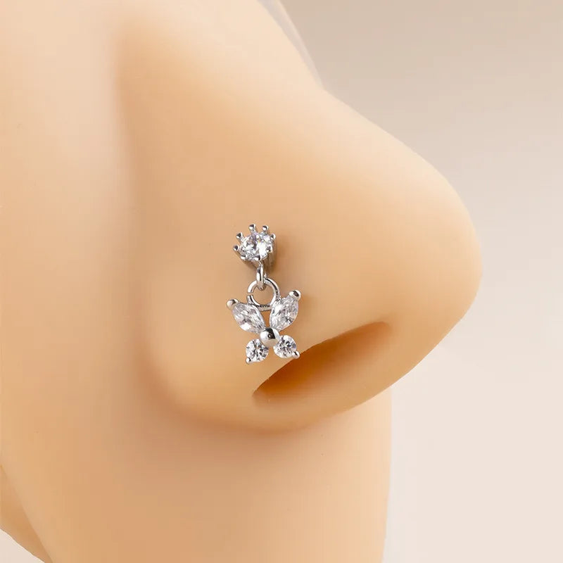 1 pièce Piercing de nez en acier inoxydable avec pendentif papillon en cristal zircon, anneau de nez, bijou corporel gothique pour femme
