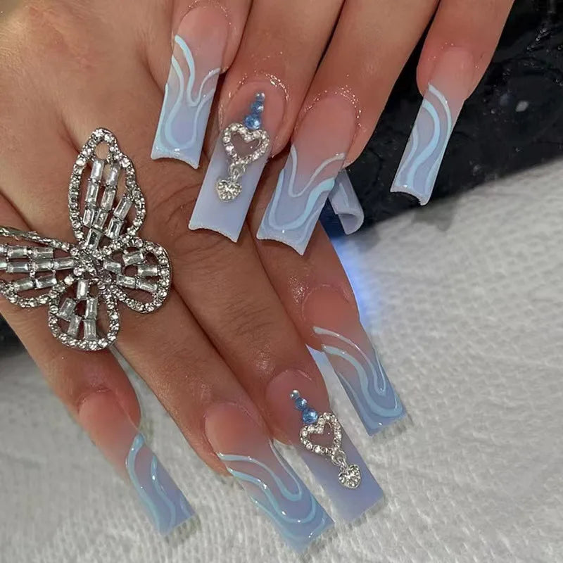 24 pièces – faux ongles longs carrés style français, design cœur 3D, ongles press-on avec strass, motif décoratif, faux ongles portables pour nail art