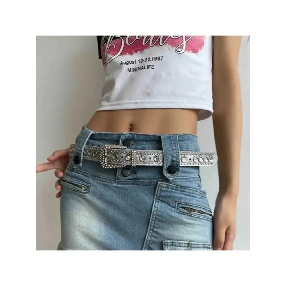Ceinture femme mode Y2K – imprimé uni, cloutée, entièrement ornée de strass, en cuir PU, brillante style cristal, réglable, ceinture scintillante pour club et soirée