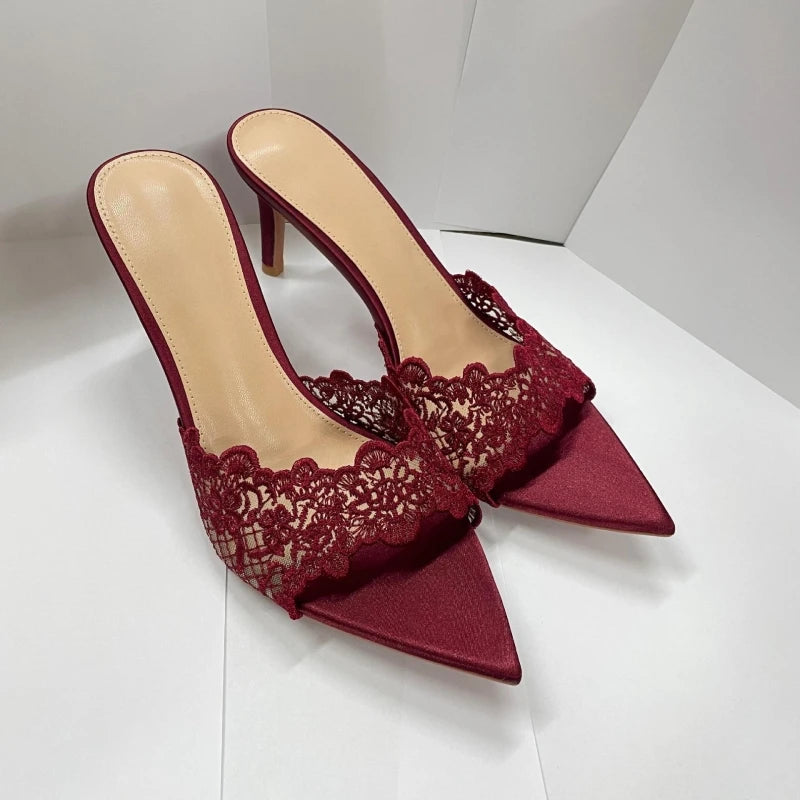 Sandales à talons hauts pour femmes, chaussures brodées en dentelle, mules sexy et confortables, chaussures de banquet, été, nouveau